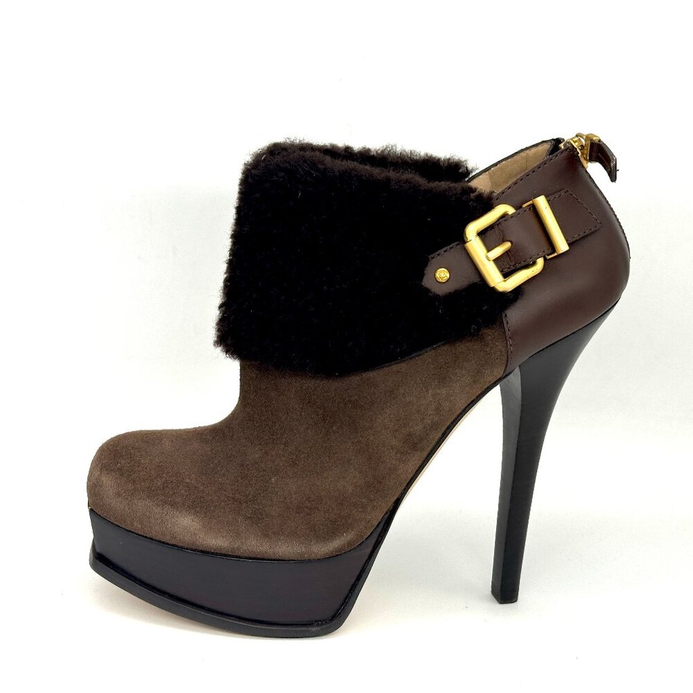 FENDI Fendista Shearling Fur Suede Buckle Platform Ankle Bootie Heels Boots - Picture 3 of 16